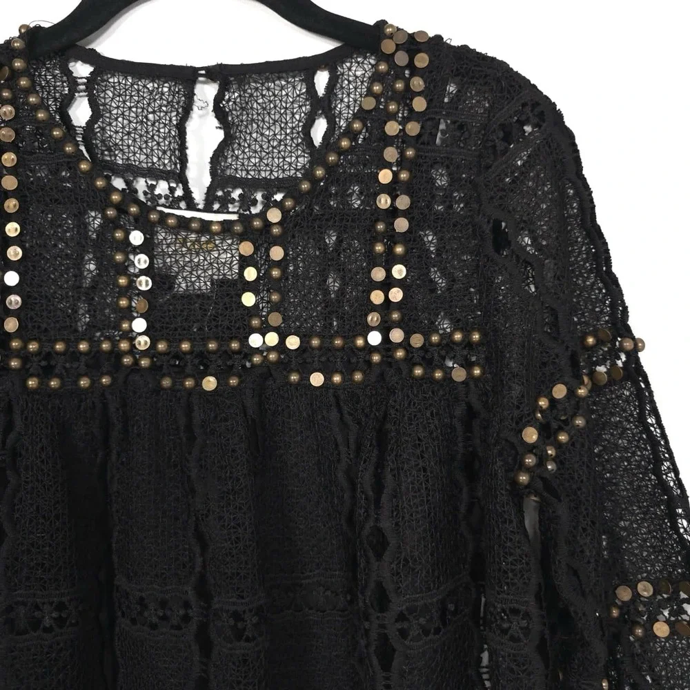 Anthropologie Maeve Top Size XS Auralis‎ Black Lace Eyelet Studded Beaded Sheer